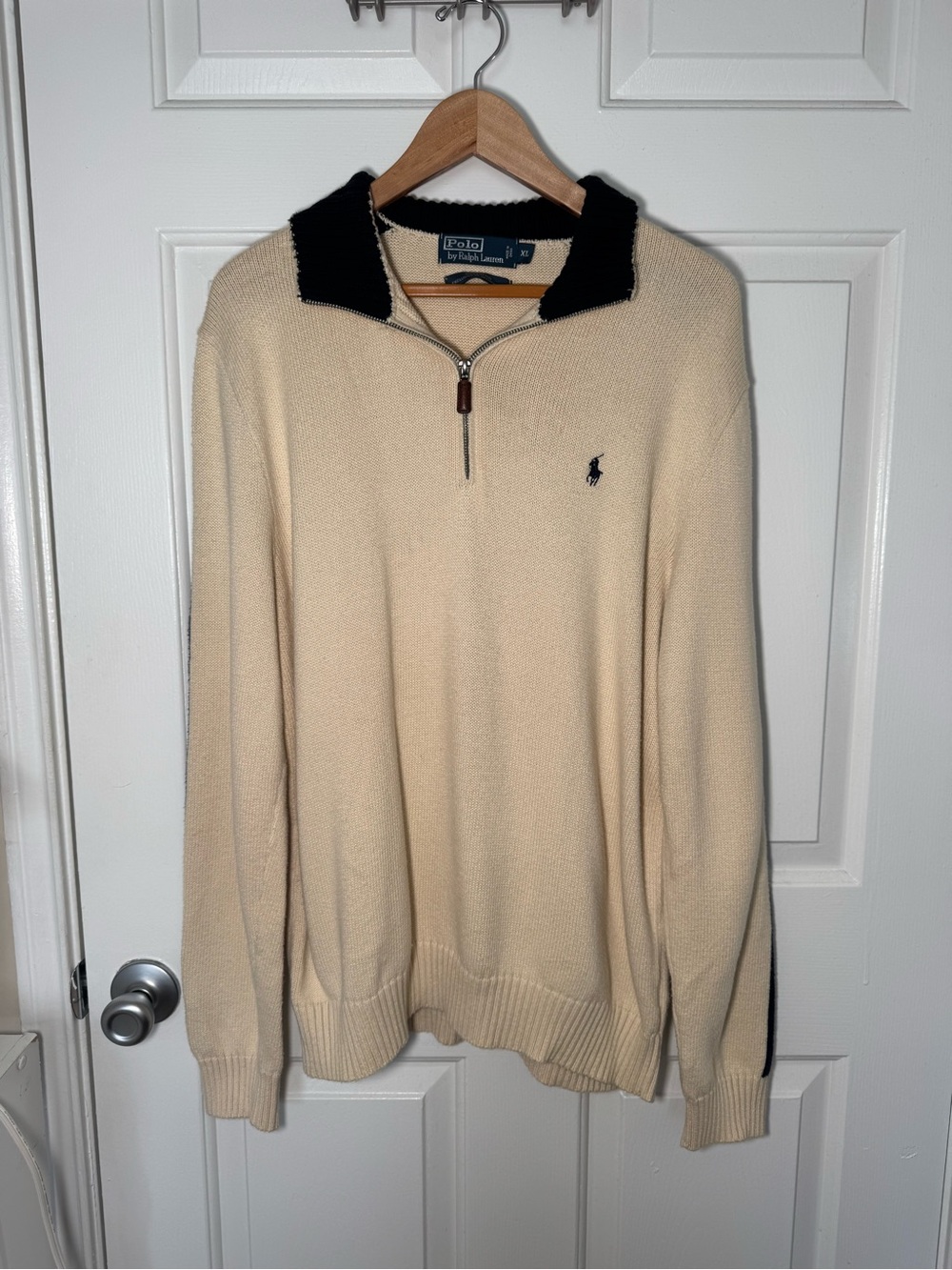 Vintage Y2K Polo Ralph Lauren Quarter Zip Sweater XL Cream Navy Stripe